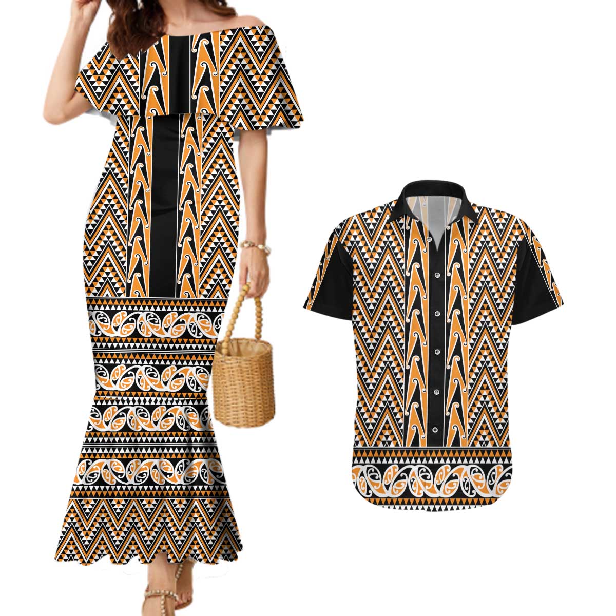 New Zealand Maori Niho Taniwha Couples Matching Mermaid Dress and Hawaiian Shirt Karaka Mangopare and Puhoro Pattern