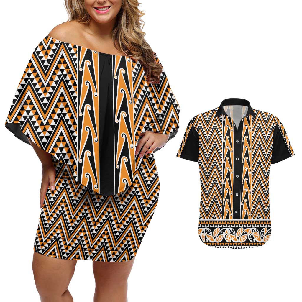 New Zealand Maori Niho Taniwha Couples Matching Off Shoulder Short Dress and Hawaiian Shirt Karaka Mangopare and Puhoro Pattern LT9 Gold - Polynesian Pride