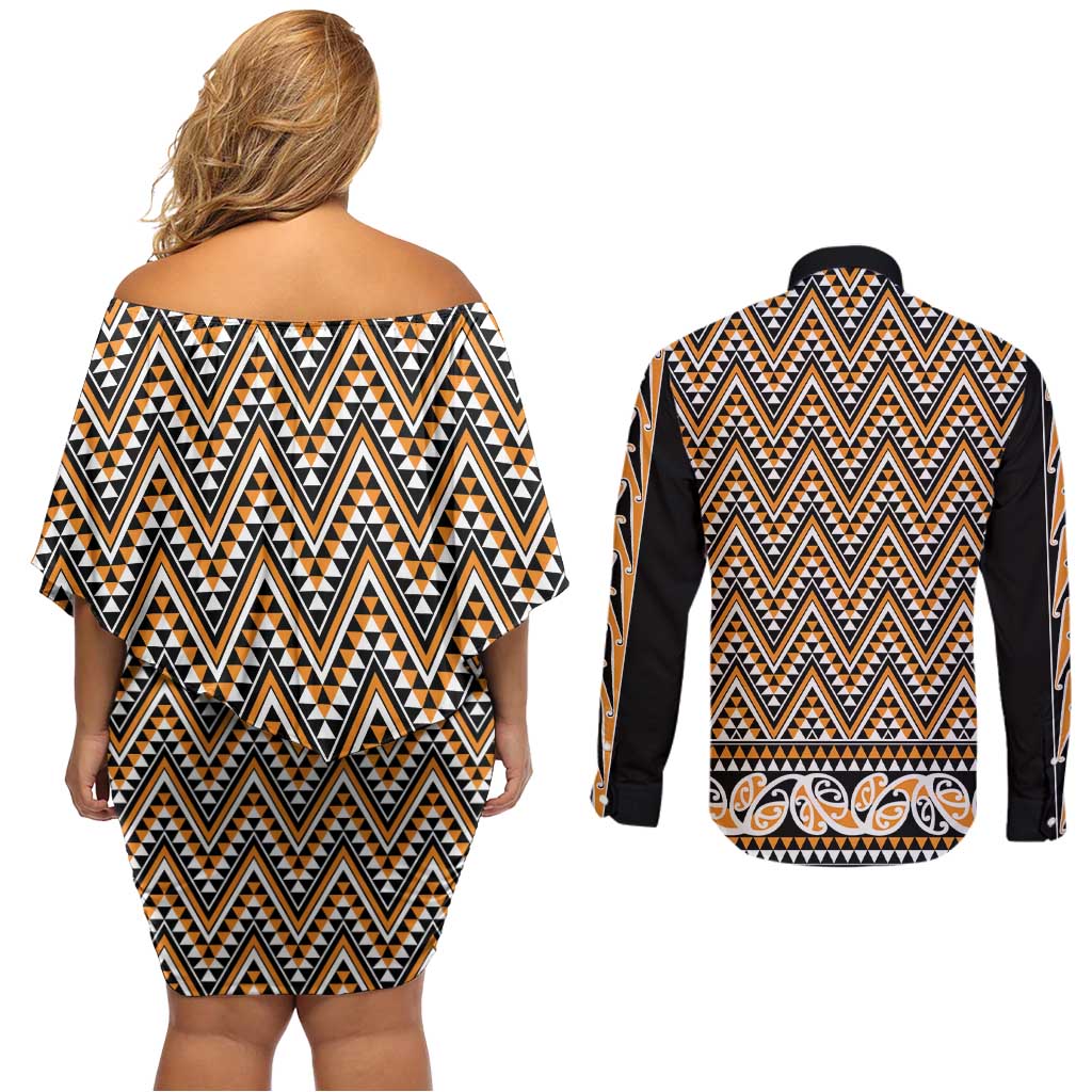 New Zealand Maori Niho Taniwha Couples Matching Off Shoulder Short Dress and Long Sleeve Button Shirt Karaka Mangopare and Puhoro Pattern