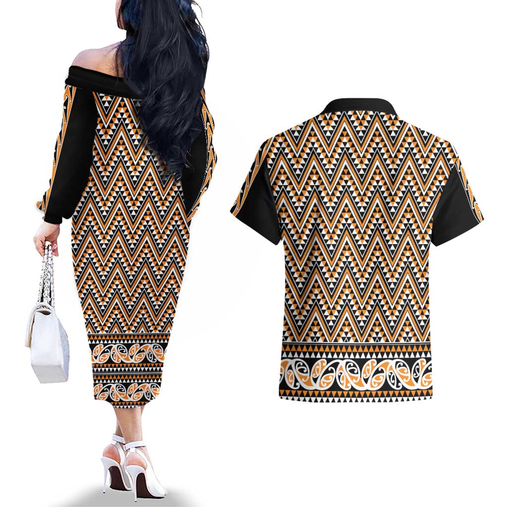 New Zealand Maori Niho Taniwha Couples Matching Off The Shoulder Long Sleeve Dress and Hawaiian Shirt Karaka Mangopare and Puhoro Pattern LT9 - Polynesian Pride