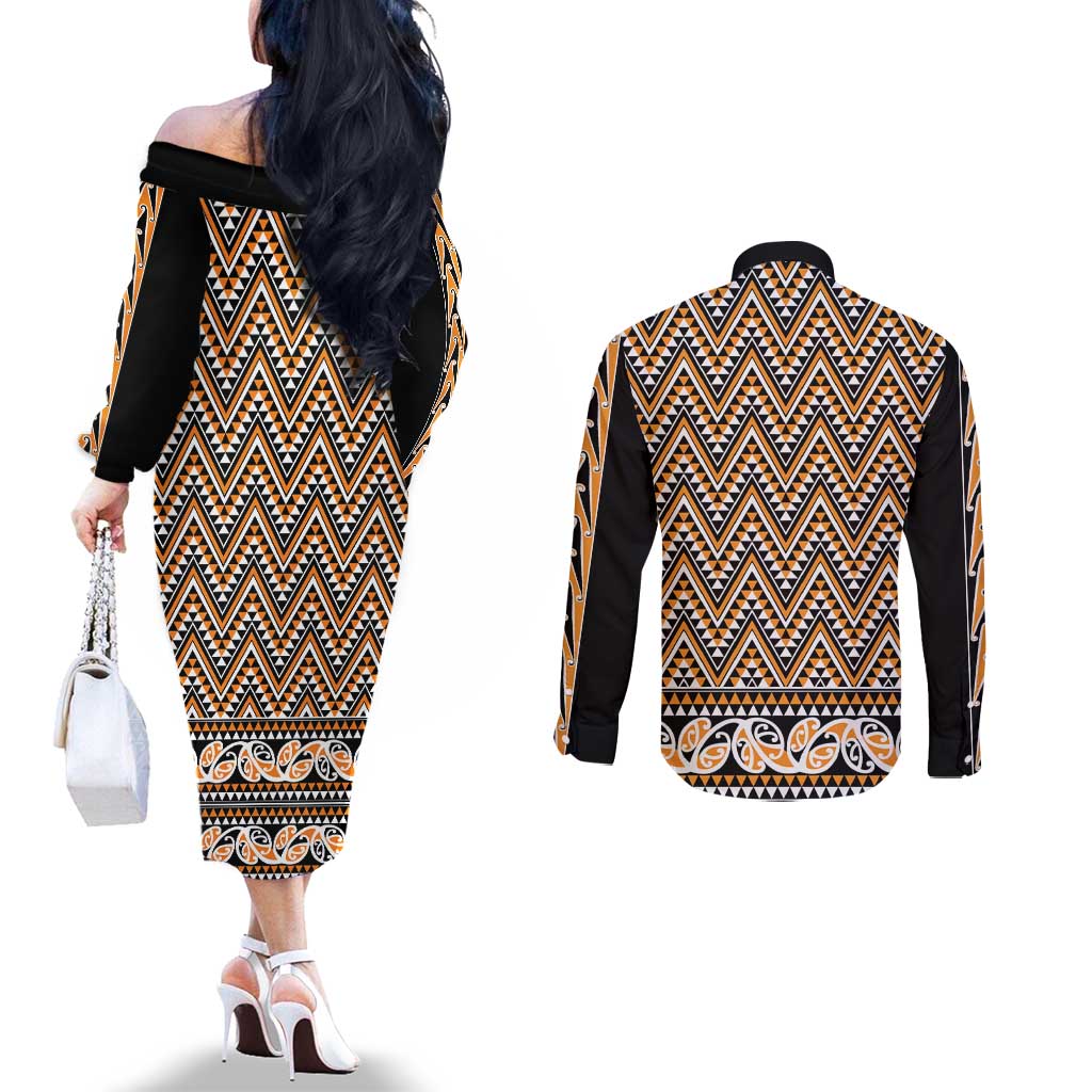 New Zealand Maori Niho Taniwha Couples Matching Off The Shoulder Long Sleeve Dress and Long Sleeve Button Shirt Karaka Mangopare and Puhoro Pattern