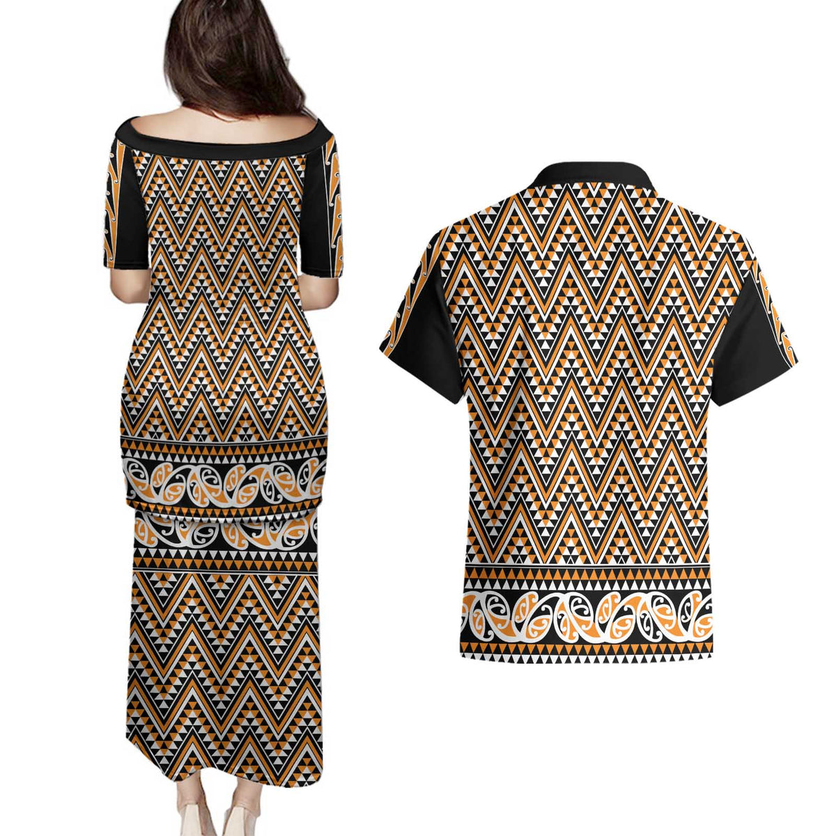 New Zealand Maori Niho Taniwha Couples Matching Puletasi and Hawaiian Shirt Karaka Mangopare and Puhoro Pattern LT9 - Polynesian Pride