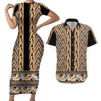 New Zealand Maori Niho Taniwha Couples Matching Short Sleeve Bodycon Dress and Hawaiian Shirt Karaka Mangopare and Puhoro Pattern LT9 Gold - Polynesian Pride