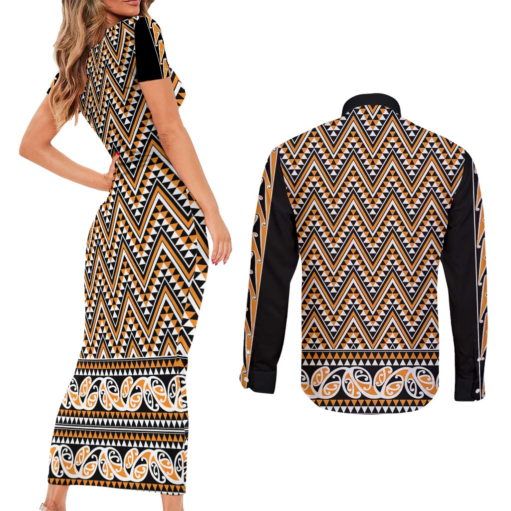 New Zealand Maori Niho Taniwha Couples Matching Short Sleeve Bodycon Dress and Long Sleeve Button Shirt Karaka Mangopare and Puhoro Pattern