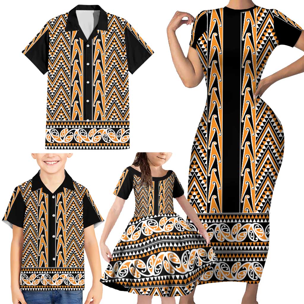 New Zealand Maori Niho Taniwha Family Matching Short Sleeve Bodycon Dress and Hawaiian Shirt Karaka Mangopare and Puhoro Pattern