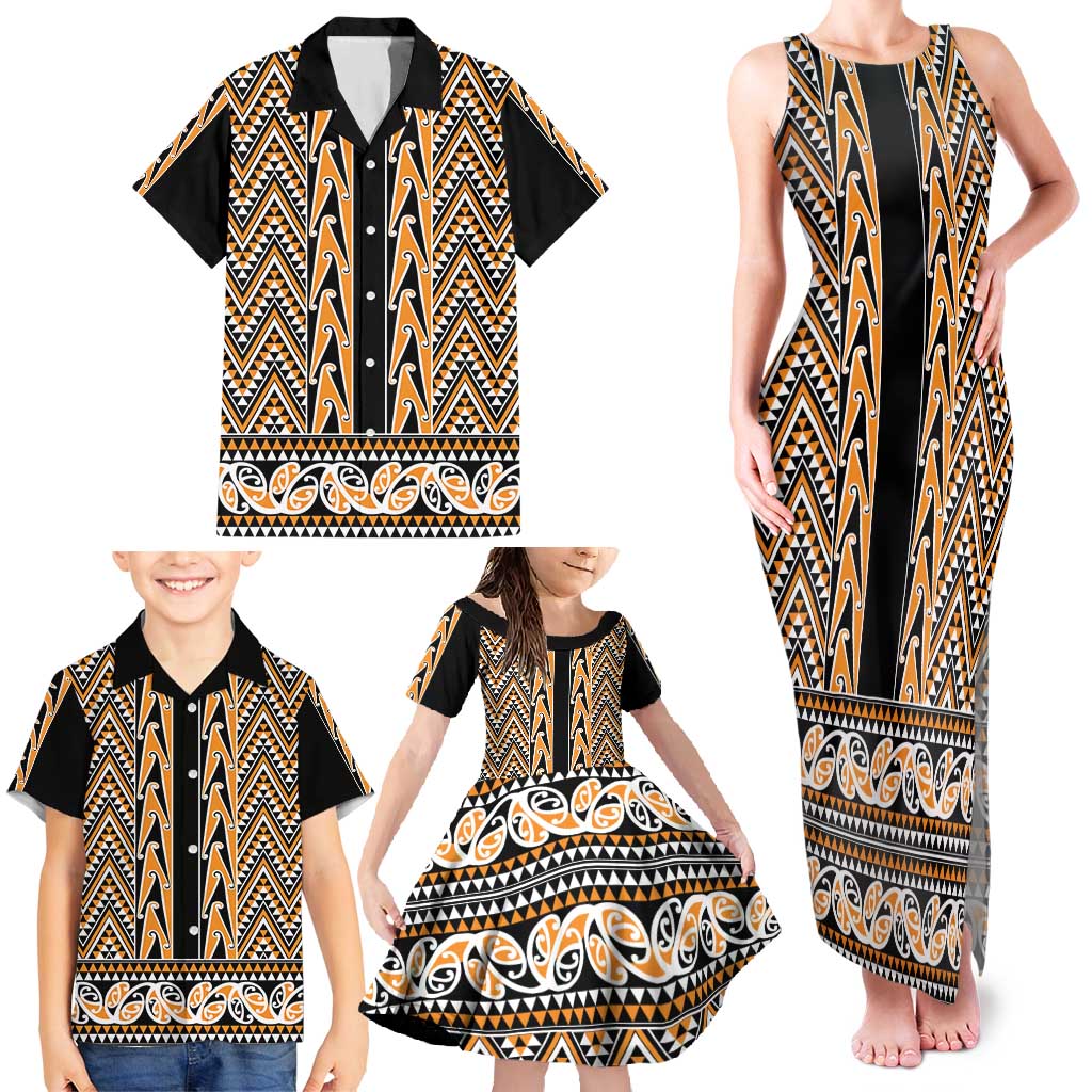 New Zealand Maori Niho Taniwha Family Matching Tank Maxi Dress and Hawaiian Shirt Karaka Mangopare and Puhoro Pattern
