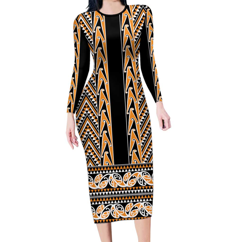 New Zealand Maori Niho Taniwha Long Sleeve Bodycon Dress Karaka Mangopare and Puhoro Pattern LT9 Long Dress Gold - Polynesian Pride