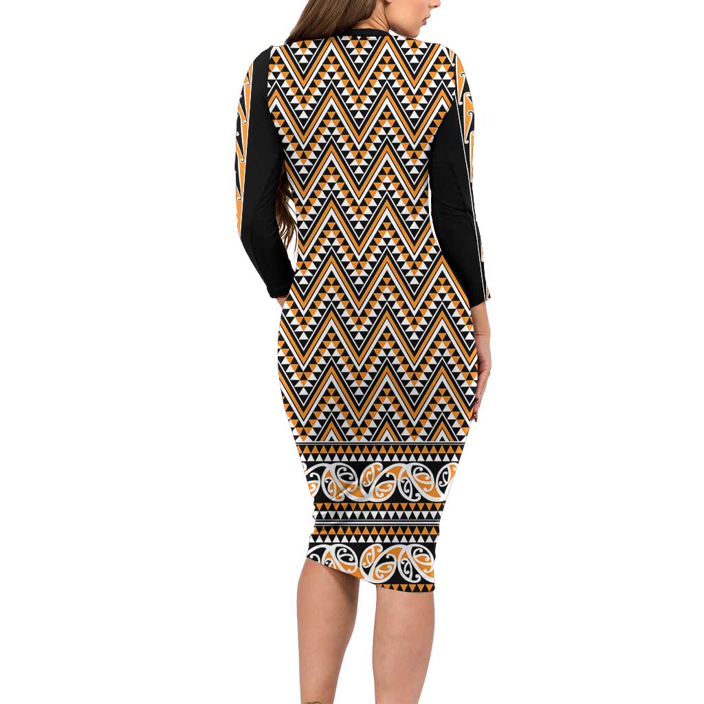 New Zealand Maori Niho Taniwha Long Sleeve Bodycon Dress Karaka Mangopare and Puhoro Pattern LT9 - Polynesian Pride