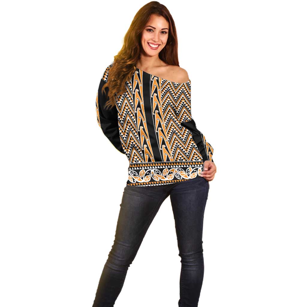 New Zealand Maori Niho Taniwha Off Shoulder Sweater Karaka Mangopare and Puhoro Pattern