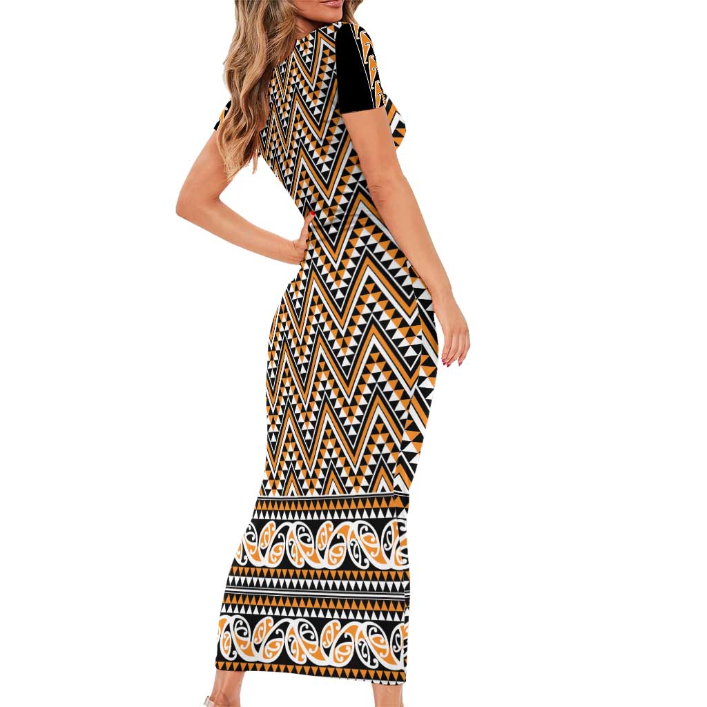 New Zealand Maori Niho Taniwha Short Sleeve Bodycon Dress Karaka Mangopare and Puhoro Pattern LT9 - Polynesian Pride