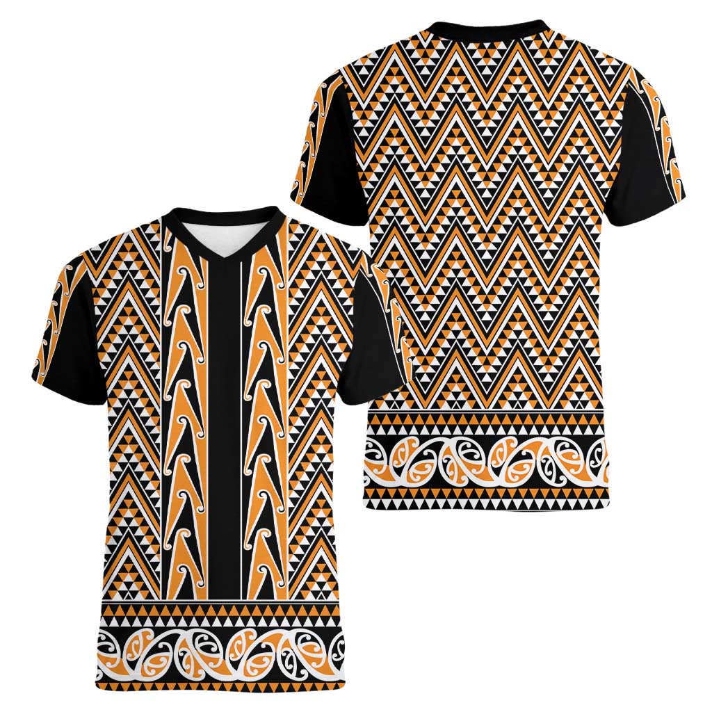 New Zealand Maori Niho Taniwha Women V-Neck T-Shirt Karaka Mangopare and Puhoro Pattern LT9 - Polynesian Pride