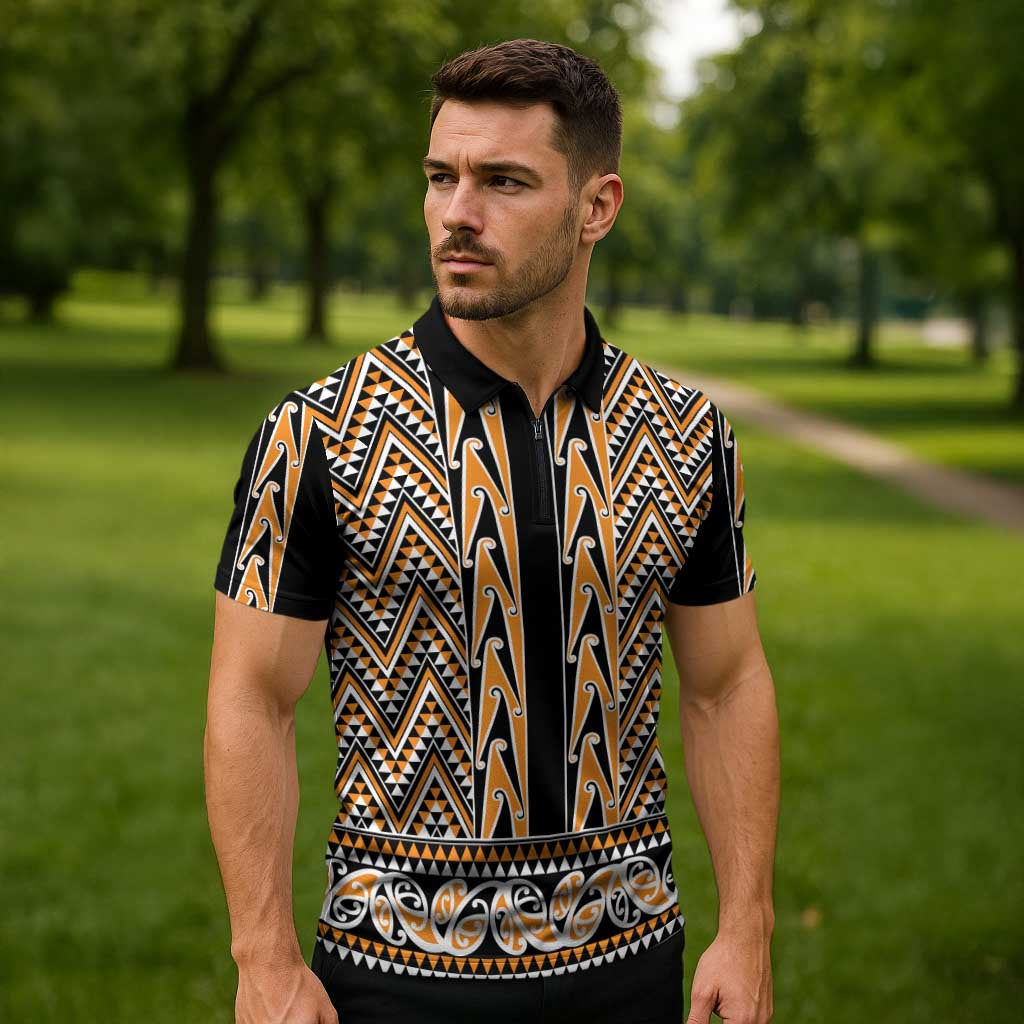 New Zealand Maori Niho Taniwha Zipper Polo Shirt Karaka Mangopare and Puhoro Pattern LT9 - Polynesian Pride