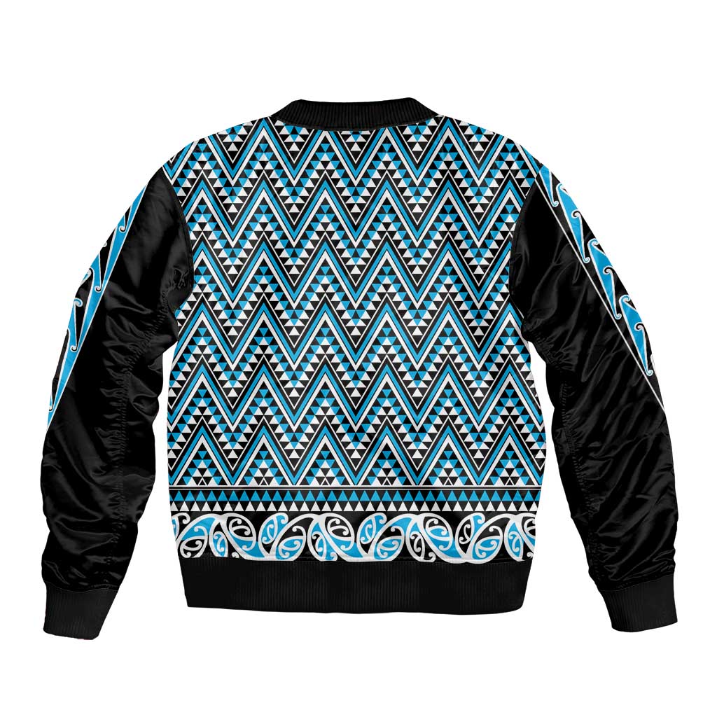 New Zealand Maori Niho Taniwha Bomber Jacket Kikorangi Mangopare and Puhoro Pattern