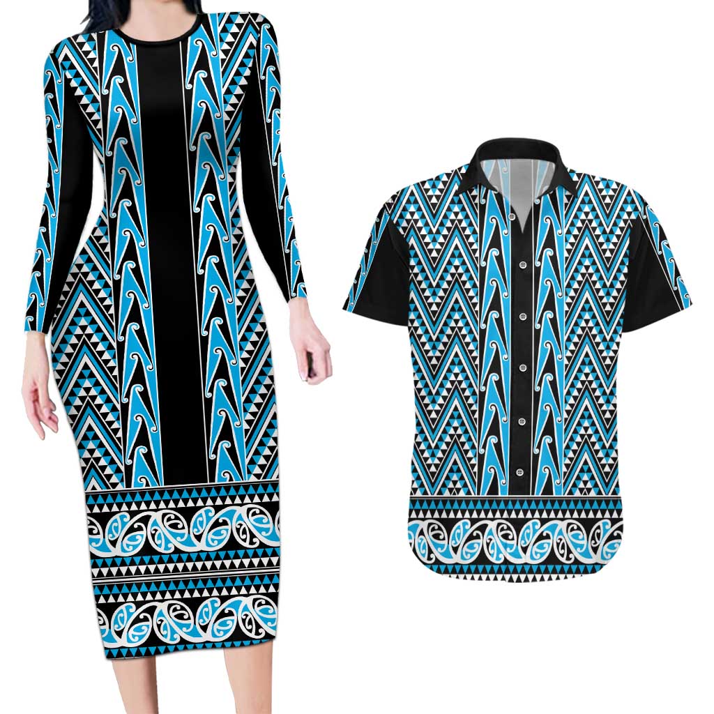 New Zealand Maori Niho Taniwha Couples Matching Long Sleeve Bodycon Dress and Hawaiian Shirt Kikorangi Mangopare and Puhoro Pattern