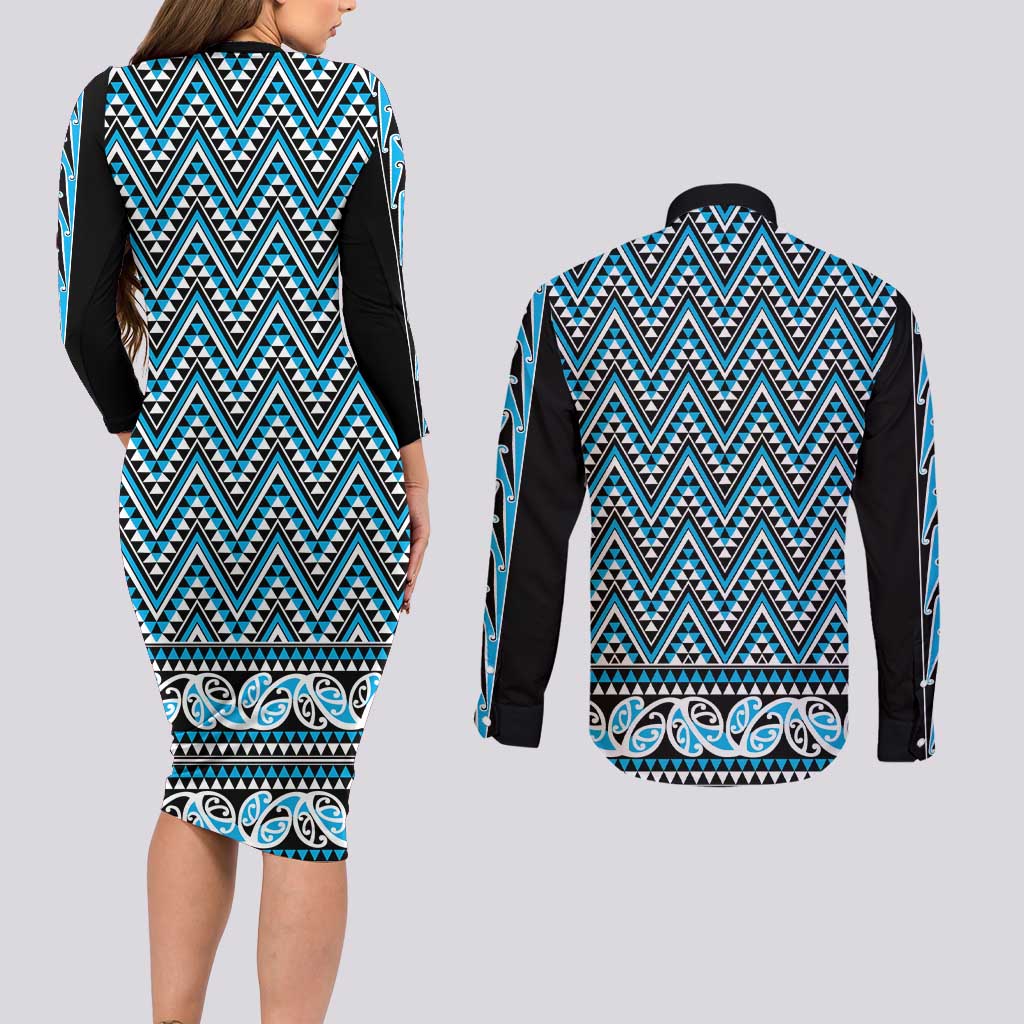 New Zealand Maori Niho Taniwha Couples Matching Long Sleeve Bodycon Dress and Long Sleeve Button Shirt Kikorangi Mangopare and Puhoro Pattern