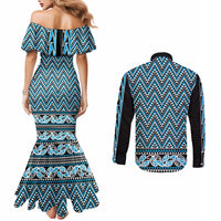 New Zealand Maori Niho Taniwha Couples Matching Mermaid Dress and Long Sleeve Button Shirt Kikorangi Mangopare and Puhoro Pattern