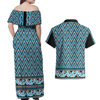 New Zealand Maori Niho Taniwha Couples Matching Off Shoulder Maxi Dress and Hawaiian Shirt Kikorangi Mangopare and Puhoro Pattern
