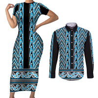 New Zealand Maori Niho Taniwha Couples Matching Short Sleeve Bodycon Dress and Long Sleeve Button Shirt Kikorangi Mangopare and Puhoro Pattern