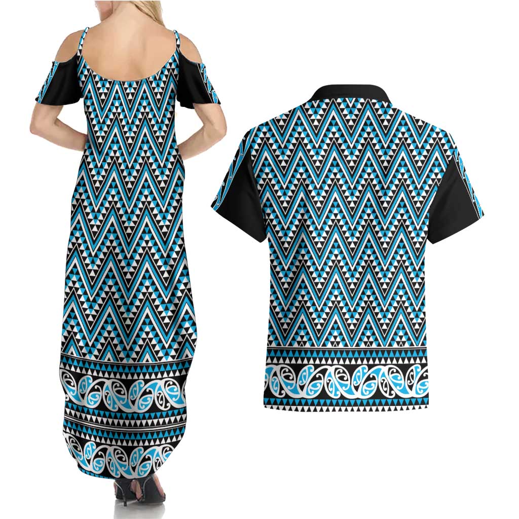 New Zealand Maori Niho Taniwha Couples Matching Summer Maxi Dress and Hawaiian Shirt Kikorangi Mangopare and Puhoro Pattern