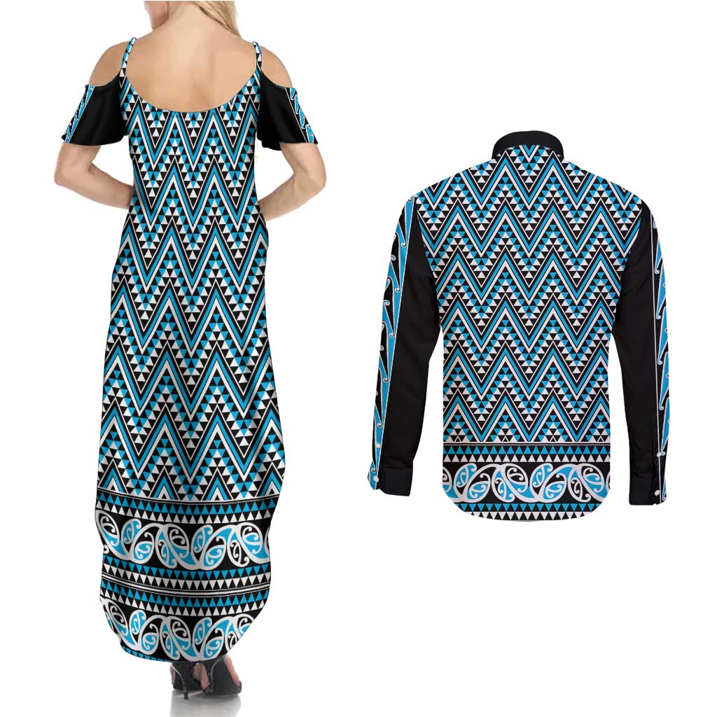 New Zealand Maori Niho Taniwha Couples Matching Summer Maxi Dress and Long Sleeve Button Shirt Kikorangi Mangopare and Puhoro Pattern