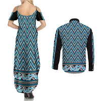 New Zealand Maori Niho Taniwha Couples Matching Summer Maxi Dress and Long Sleeve Button Shirt Kikorangi Mangopare and Puhoro Pattern