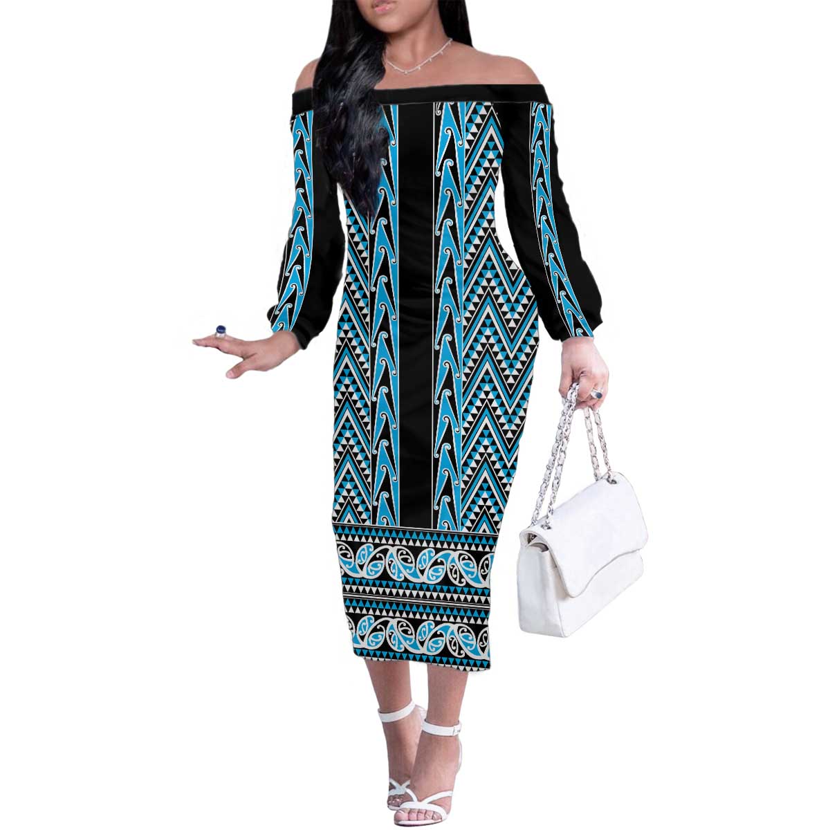 New Zealand Maori Niho Taniwha Family Matching Off The Shoulder Long Sleeve Dress and Hawaiian Shirt Kikorangi Mangopare and Puhoro Pattern