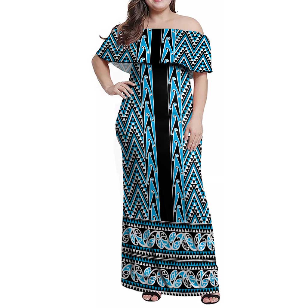 New Zealand Maori Niho Taniwha Family Matching Off Shoulder Maxi Dress and Hawaiian Shirt Kikorangi Mangopare and Puhoro Pattern