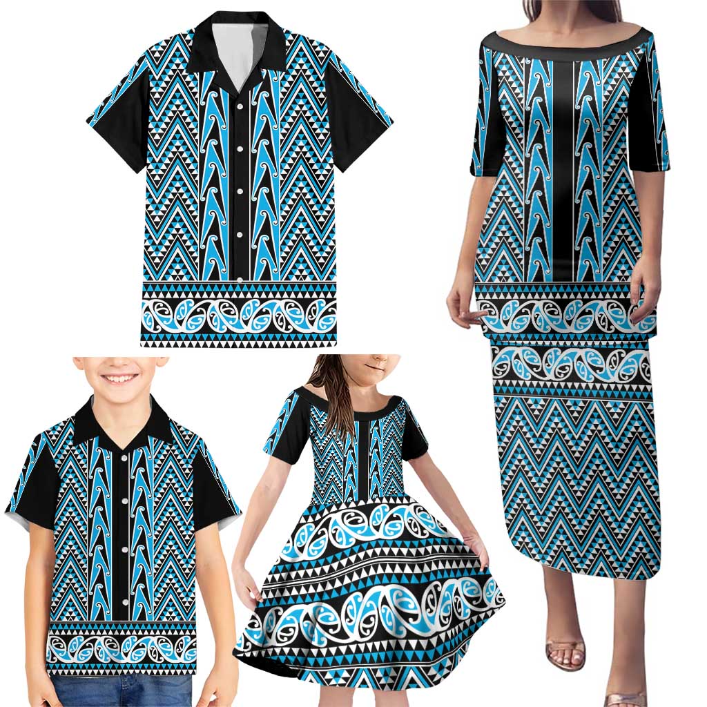 New Zealand Maori Niho Taniwha Family Matching Puletasi and Hawaiian Shirt Kikorangi Mangopare and Puhoro Pattern