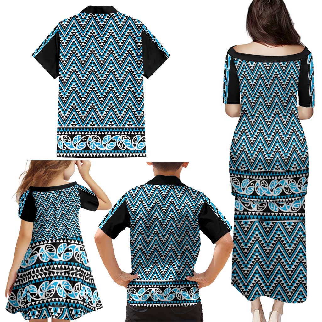 New Zealand Maori Niho Taniwha Family Matching Puletasi and Hawaiian Shirt Kikorangi Mangopare and Puhoro Pattern
