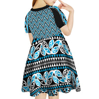 New Zealand Maori Niho Taniwha Kid Short Sleeve Dress Kikorangi Mangopare and Puhoro Pattern