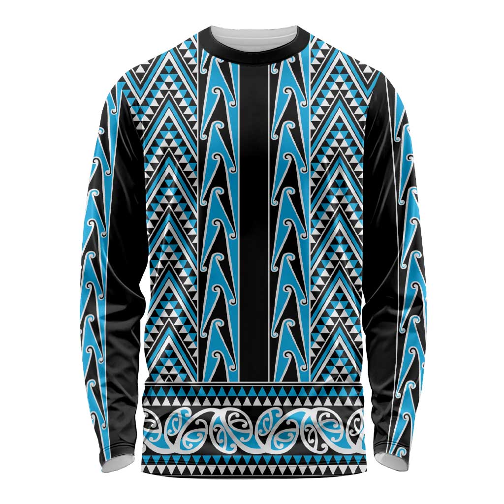 New Zealand Maori Niho Taniwha Long Sleeve Shirt Kikorangi Mangopare and Puhoro Pattern