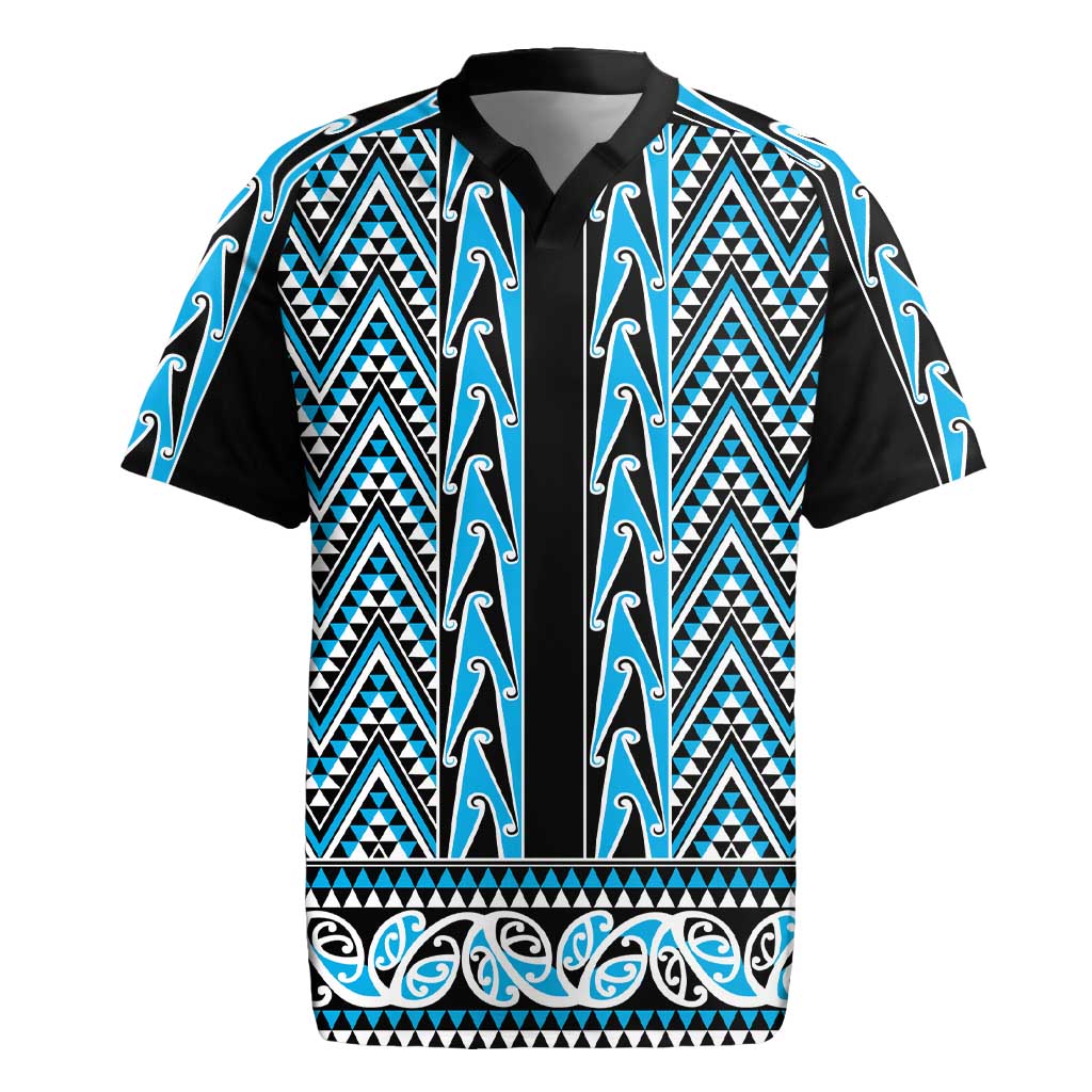 New Zealand Maori Niho Taniwha Rugby Jersey Kikorangi Mangopare and Puhoro Pattern