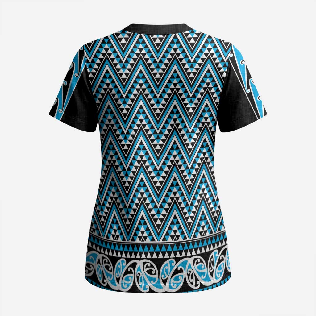 New Zealand Maori Niho Taniwha Scrub Top Kikorangi Mangopare and Puhoro Pattern - Polynesian Pride