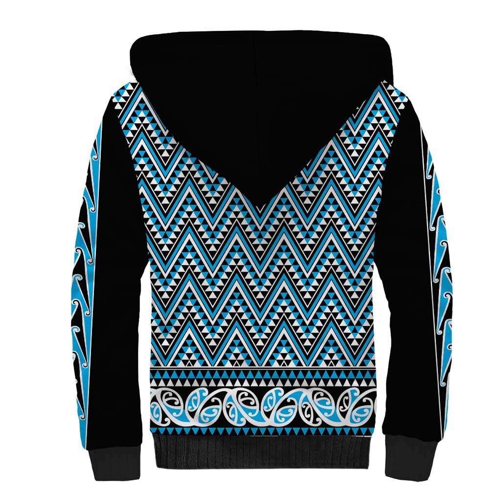 New Zealand Maori Niho Taniwha Sherpa Hoodie Kikorangi Mangopare and Puhoro Pattern