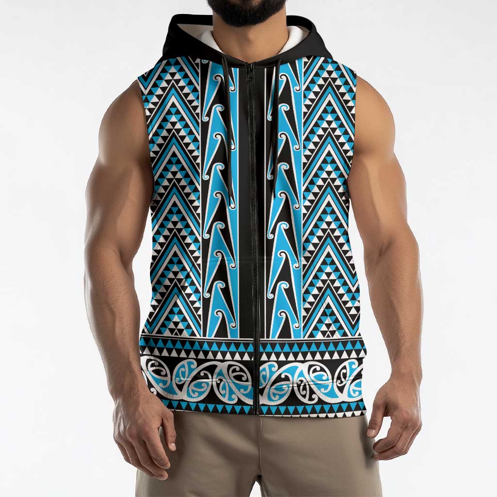 New Zealand Maori Niho Taniwha Sleeveless Zip Hoodie Kikorangi Mangopare and Puhoro Pattern LT9 - Polynesian Pride