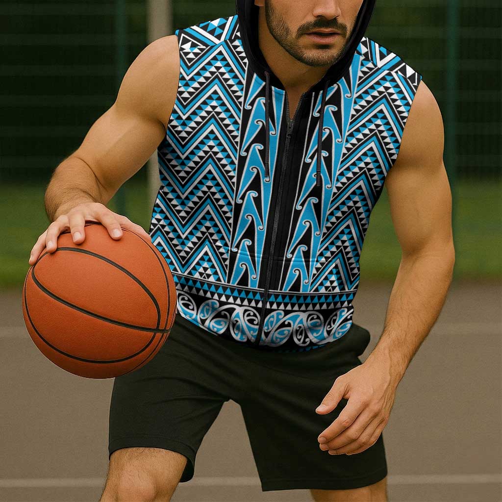 New Zealand Maori Niho Taniwha Sleeveless Zip Hoodie Kikorangi Mangopare and Puhoro Pattern LT9 - Polynesian Pride