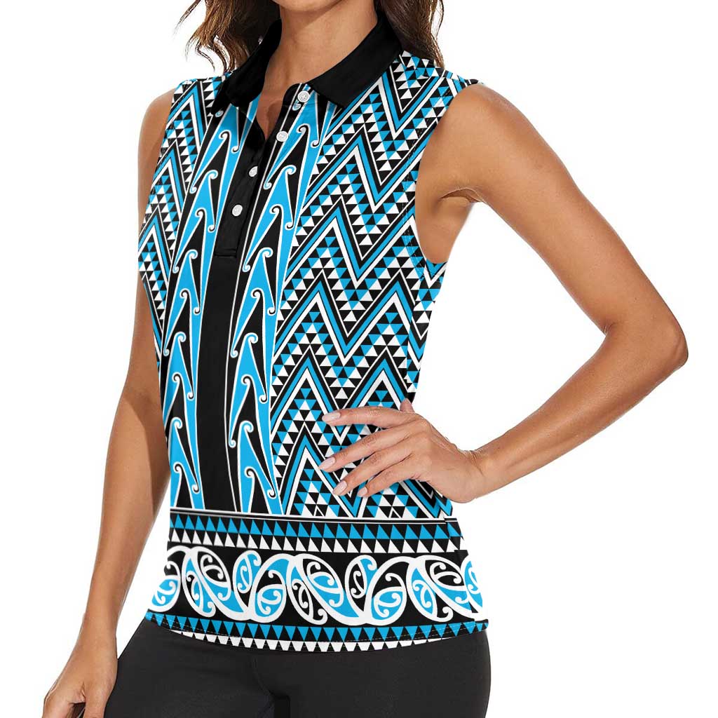 New Zealand Maori Niho Taniwha Women Sleeveless Polo Shirt Kikorangi Mangopare and Puhoro Pattern LT9 - Polynesian Pride