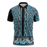 New Zealand Maori Niho Taniwha Zipper Polo Shirt Kikorangi Mangopare and Puhoro Pattern LT9 Blue - Polynesian Pride