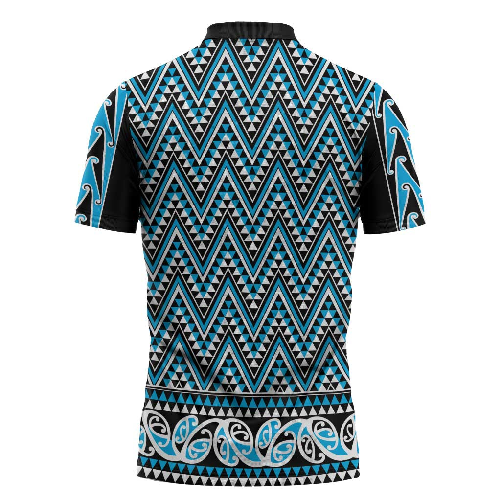 New Zealand Maori Niho Taniwha Zipper Polo Shirt Kikorangi Mangopare and Puhoro Pattern LT9 - Polynesian Pride