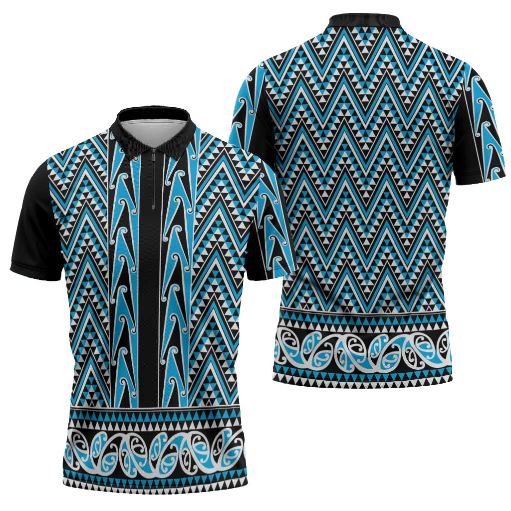 New Zealand Maori Niho Taniwha Zipper Polo Shirt Kikorangi Mangopare and Puhoro Pattern LT9 - Polynesian Pride