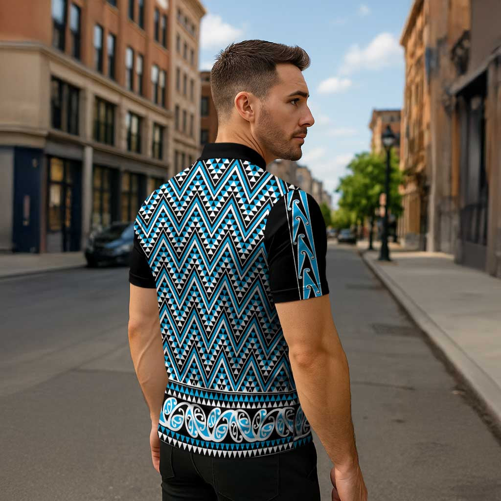 New Zealand Maori Niho Taniwha Zipper Polo Shirt Kikorangi Mangopare and Puhoro Pattern LT9 - Polynesian Pride