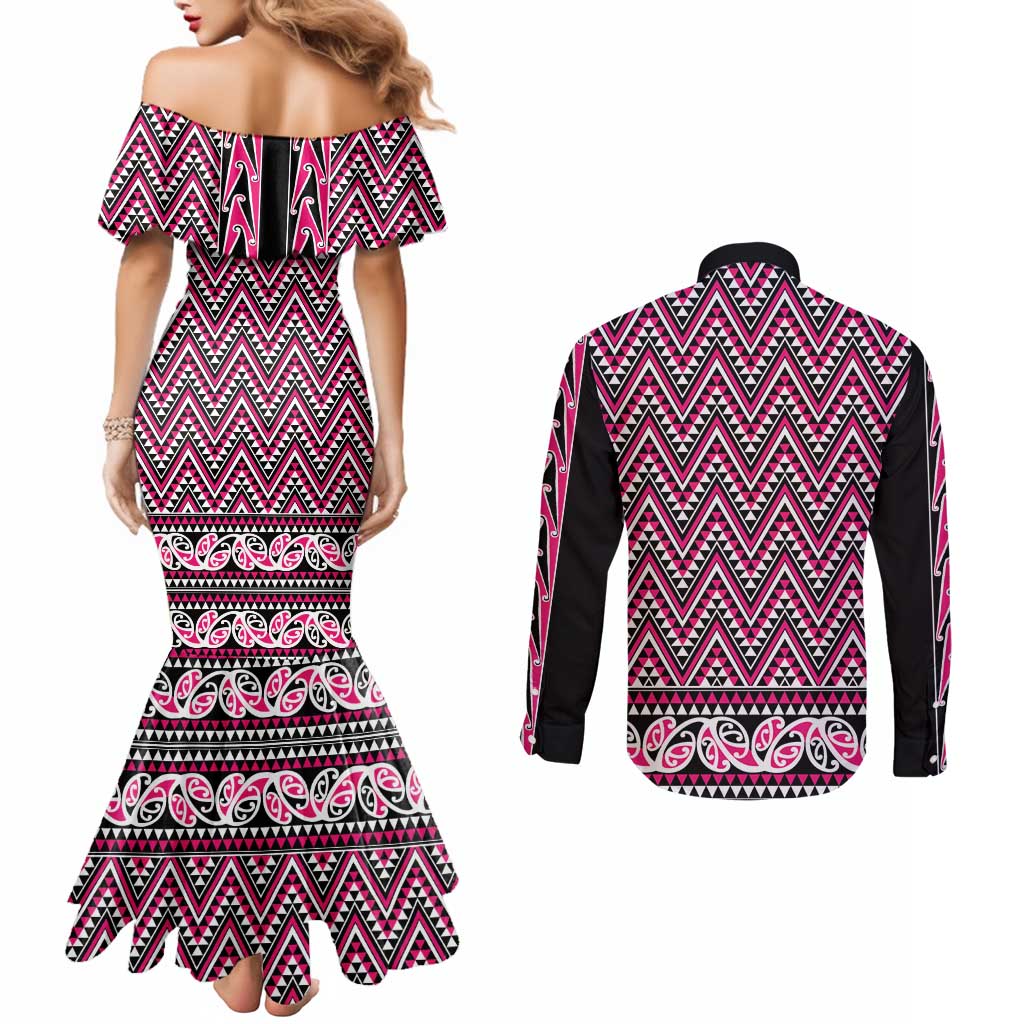 New Zealand Maori Niho Taniwha Couples Matching Mermaid Dress and Long Sleeve Button Shirt Mawhero Mangopare and Puhoro Pattern