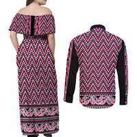 New Zealand Maori Niho Taniwha Couples Matching Off Shoulder Maxi Dress and Long Sleeve Button Shirt Mawhero Mangopare and Puhoro Pattern