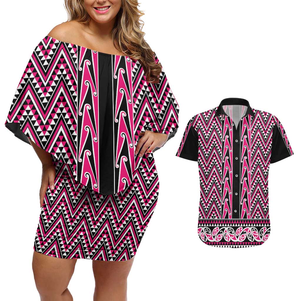 New Zealand Maori Niho Taniwha Couples Matching Off Shoulder Short Dress and Hawaiian Shirt Mawhero Mangopare and Puhoro Pattern