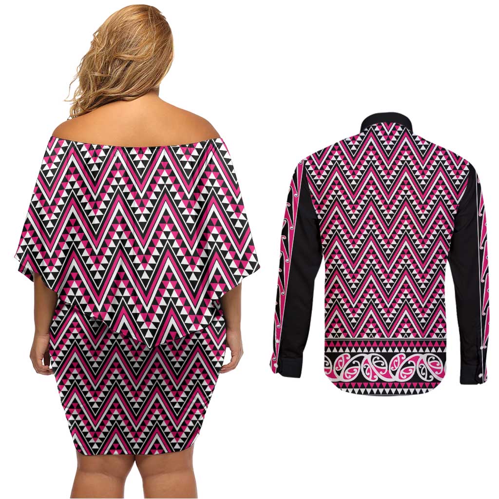 New Zealand Maori Niho Taniwha Couples Matching Off Shoulder Short Dress and Long Sleeve Button Shirt Mawhero Mangopare and Puhoro Pattern
