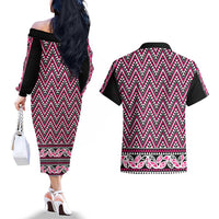 New Zealand Maori Niho Taniwha Couples Matching Off The Shoulder Long Sleeve Dress and Hawaiian Shirt Mawhero Mangopare and Puhoro Pattern
