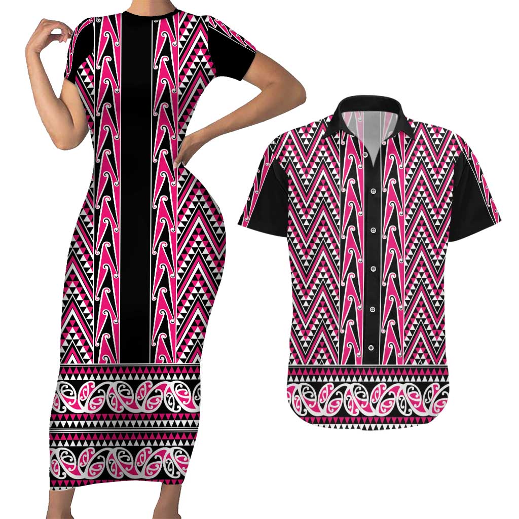 New Zealand Maori Niho Taniwha Couples Matching Short Sleeve Bodycon Dress and Hawaiian Shirt Mawhero Mangopare and Puhoro Pattern