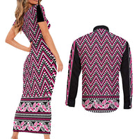 New Zealand Maori Niho Taniwha Couples Matching Short Sleeve Bodycon Dress and Long Sleeve Button Shirt Mawhero Mangopare and Puhoro Pattern