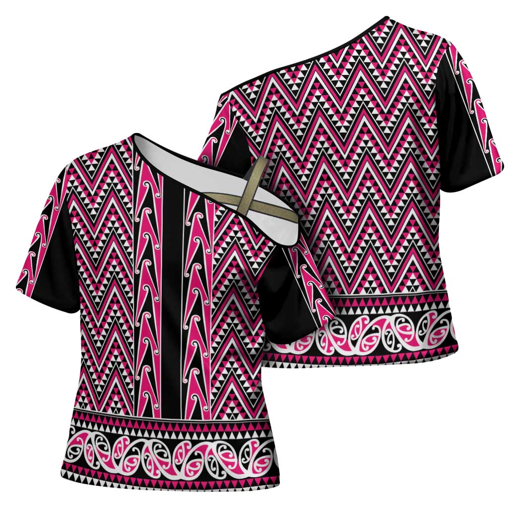 New Zealand Maori Niho Taniwha Cross Shoulder Shirt Mawhero Mangopare and Puhoro Pattern - Polynesian Pride