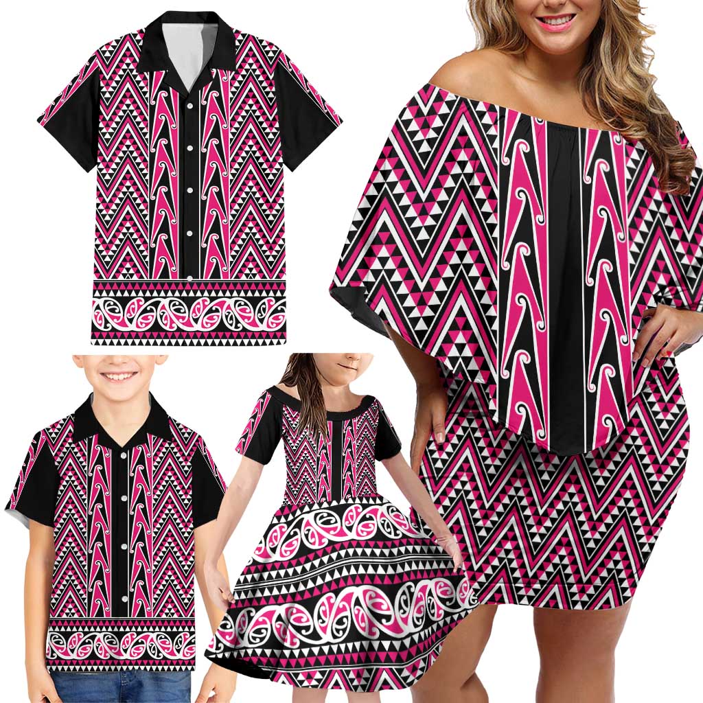 New Zealand Maori Niho Taniwha Family Matching Off Shoulder Short Dress and Hawaiian Shirt Mawhero Mangopare and Puhoro Pattern